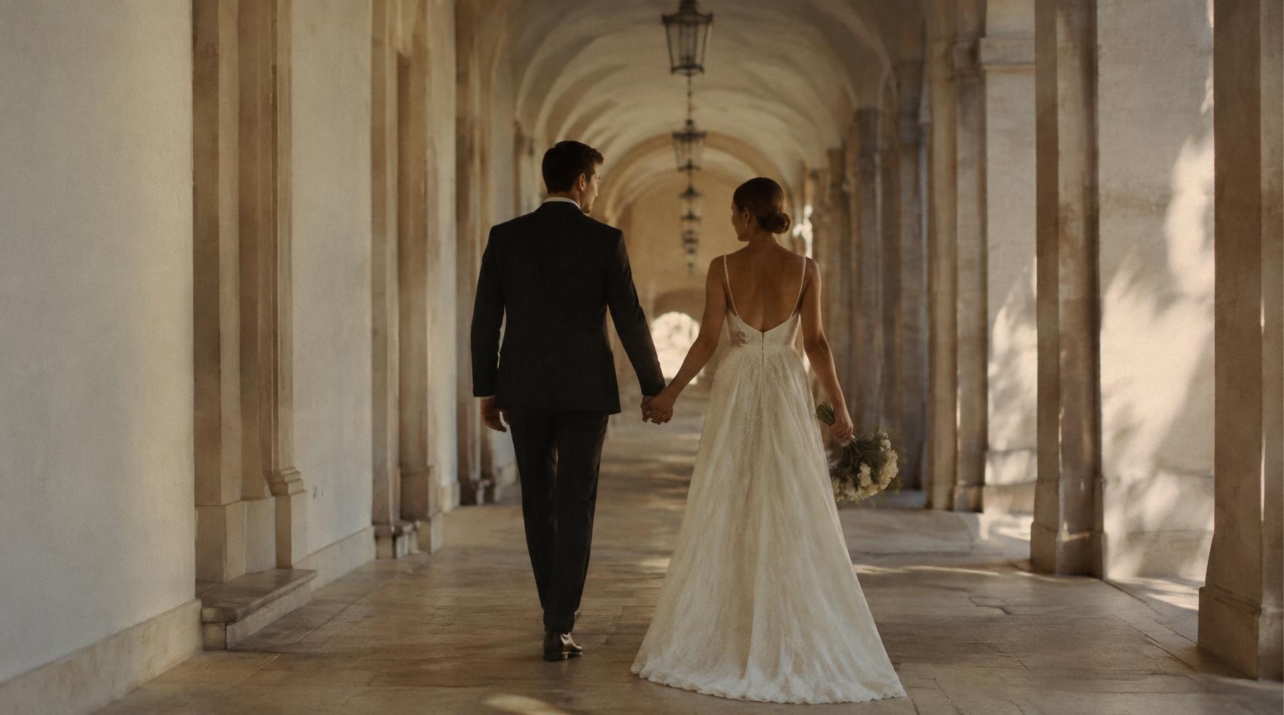 Newlyweds walking hand in hand